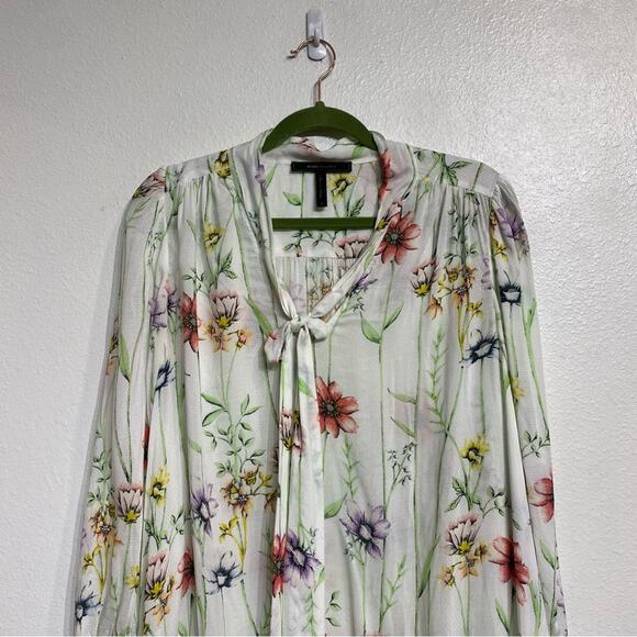 BCBGMAXAZRIA White Botanical Floral Print Tie Neck Mini Shift Dress Sz S - Picture 3 of 12